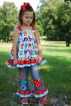 BTS Custom Boutique set Back To School ABC by MandMCreations, $85.00 Ruffle Jeans, Handmade Kids Clothes, Boutique Outfits, Childrens Clothing Boutique, Date Outfit Casual, Girls Boutique Clothing, Ruffle Pants, Kids Boutique Clothing, Children's Boutique