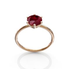 Delicate 1 Carat ruby engagement ring 6 prong Solitaire ring. unique GioielliRings design makes a regal statement that is bound to become a family heirloom. MORE INFORMATION ❥ Free shipping via DHL ❥ The craft period is about 10-14 business days. ❥ Available in a combination of 14K Rose Gold, 14K Yellow Gold, 14K White Gold ❥ Arrives in our box, ready for gift giving (and proposing ) ❥ GioielliRings Metal 14K Rose Gold glass filled ruby treated 1.0 ct Colorred Ring Width1.5mm Right Height4.6mm S Classic Rose Gold Ruby Ring For Proposal, Red Proposal Rings With Prong Setting, Red Solitaire Ring With Round Band, Classic Solitaire Ring With Lab-created Ruby, Red Solitaire Birthstone Ring With Round Band, Red Solitaire Birthstone Ring, Red Ruby Ring With Brilliant Cut For Proposal, Red Ruby Ring With Round Stone Fine Jewelry, Red Ruby Ring With Prong Setting