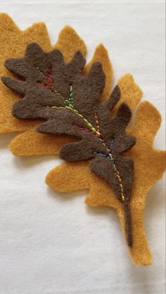 a close up of an embroidered leaf on a white cloth material background, with small stitches and colored threads in the center