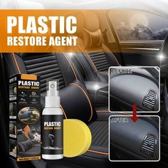 the interior of a car with plastic restore agent on it and instructions about how to clean