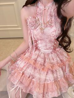 【 Peach Moon and Bamboo 】~Pink Girl Original Design Lolita Western Dress Chinese Style Neck-mounted Fitted Cardigan, Dress Women Elegant, Fairy Dress, Lace Ruffle, Pink Mini Dresses, Western Dresses, Mini Dress Party, Chinese Style, New Vintage