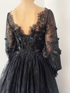 Black gothic 3D floral embroidered lace wedding dress | Etsy Prom Lace Dress With Delicate Lace And Fitted Bodice, Wedding Ball Gown With Floral Applique, Elegant Ball Gown With Floral Applique And Fitted Bodice, Wedding Gown With Floral Applique And Fitted Bodice, Party Gown With Scalloped Lace And Sweetheart Neckline, Elegant Fitted Ball Gown With Floral Applique, Lace Evening Dress With Lace Back For Prom, Fitted Ball Gown With Floral Applique For Gala, Lace Back Prom Gown