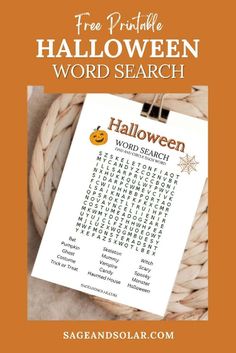 a printable halloween word search is shown with the words on it and an orange background