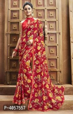 Vintage Indian Fashion, Printed Chiffon Saree, New Fashion Saree, Modern Saree, Red Chiffon, Latest Sarees, Indian Traditional, Georgette Fabric, Traditional Wear