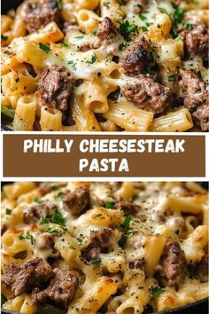 two pictures of pasta with meat and cheese on top, in a black skillet