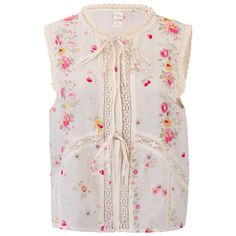 This delicate top from our Afternoon Tea collection brings a touch of vintage charm to your wardrobe. The intricate lace tie-ups and soft floral print evoke the nostalgia of grandma's kitchen, making it a perfect piece for those who cherish simple, heartfelt moments. The lightweight fabric feels gentle against the skin, and the versatile design pairs beautifully with denims or whites. Whether you're enjoying a quiet afternoon tea or a leisurely walk in the park, this top adds a subtle sweetness Fitted Lace Trim Top For Garden Party, Vintage Summer Tops For Garden Party, Vintage Tops For Garden Party In Summer, Bohemian Lace Top With Floral Print, Cream Floral Print Top For Daywear, Vintage Lace Patchwork Tops For Summer, Bohemian Floral Print Tops For Garden Party, Feminine Floral Embroidered Tops For Garden Party, Feminine Floral Embroidery Tops For Daywear