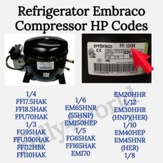 the refigerator embraco compressor hp code is shown with instructions for it