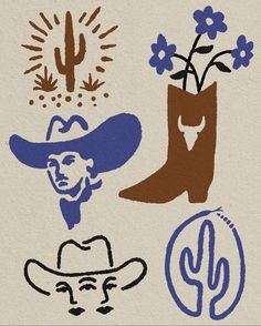 an image of cowboy hats and flowers on a piece of paper with the word cowboys written in it