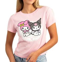 Sanrio My Melody & Kuromi Bff Tee 100% Cotton Crew Neckline Short Sleeves Relaxed Fit Pink Kawaii Cotton Tops, Cute Hello Kitty Print T-shirt, Sanrio Clothes, 7 Birthday, My Melody Kuromi, Sanrio My Melody, Fashion Inspiration Board, Barbie Stuff, Pink Ties