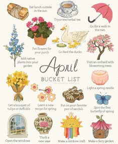 an illustrated poster with flowers and other things to do in the spring or fall season