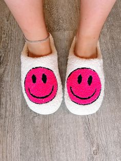 Superpink Smiley Face Slippers | Sassy Shortcake | sassyshortcake.com Super Soft Pink Slip-on Slippers, Fluffy Round Toe Slippers For Loungewear, Comfortable Pink Winter Slippers, Pink Comfortable Winter Slippers, Pink Plush Lined Winter Slippers, Pink Plush-lined Winter Slippers, Pink Slippers With Plush Lining, Pink Winter Slippers With Plush Lining, Fun Pink Indoor Slippers