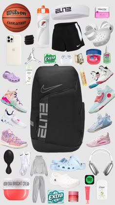 the back pack is full of different items including shoes, headphones and sports gear