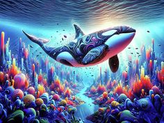 an orca swimming in the ocean surrounded by colorful bubbles