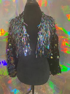 Tinsel Jacket, Sequin Kimono, Iridescent Sequin, Oil Slick, Sequin Jacket, Fringe Jacket, Note Box, Gold Sequins, Music Festivals