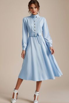 chiffon v neck long sleeves elastic band midi wedding guest dress 100371 Spring Wedding Belted Midi Dress, Spring Wedding Dress With Buttons, Spring V-neck Dress For Office, Casual Midi Dress For Semi-formal Spring Occasion, Spring Office Wear Long Sleeve Midi Dress, Spring Office Midi Dress With Buttons, Elegant Semi-formal Midi Dress For Spring, Feminine Semi-formal Spring Dresses, Spring Midi Office Dress