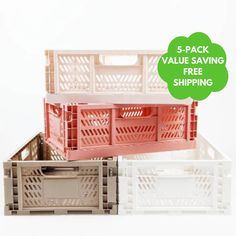 three crates are stacked on top of each other with the text 5 - pack value saving free shipping