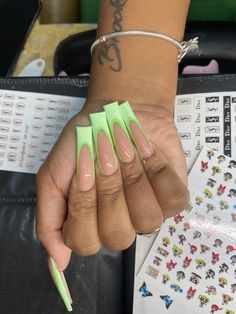 Green Acrylic Nails, French Tip Acrylic Nails, Work Nails, Long Acrylic