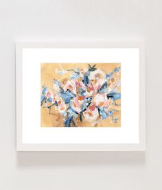 an abstract painting with blue, pink and white flowers on yellow paper in a white frame