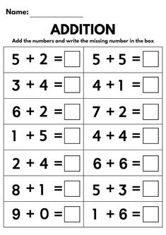 addition worksheet with numbers and missing number in the box for kids to learn