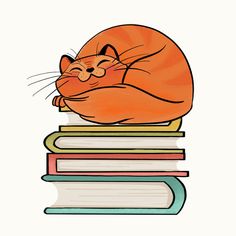 an orange cat sleeping on top of a stack of books