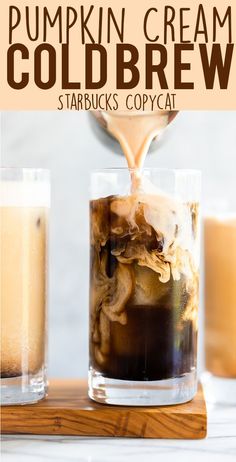 an iced drink being poured into a glass with ice and coffee in front of it