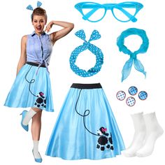 PRICES MAY VARY. 50s Costume Accessories: You will receive 1 vintage 50s skirt, 1 cat eye glasses, 1 sheer chiffon scarf, 1 pair round dangle earrings, 1 pair stud earrings, 1 pair ruffle frilly socks, a whole 50s costumes set satisfies your dressing needs Puffy 1950s Skirt: Classic 50s skirt is made of polyester fabric and elastic waistband, comfy and stretchy to wear, available in polka dot design and poodle skirt design, 5 sizes from S to XXL, suitable for most women and girls Retro 1950s Acc 1950s Poodle Skirt, Polka Dots Skirt, 50s Costume, Frilly Socks, Polka Dot Headband, 50s Women, 50s Outfits, Colorful Skirts, Poodle Skirt