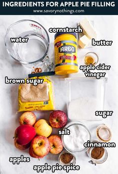 ingredients for apple pie filling laid out on a white counter top with text overlay