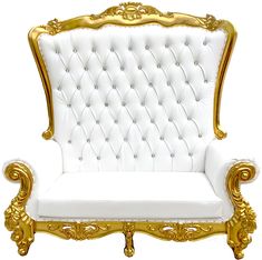 an ornate gold and white couch with buttons on it's armrests, sitting in front of a white background