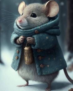 a mouse wearing a blue coat and holding a bell