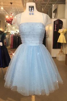 Princess Blue Dress With Sweetheart Neckline, Blue Short Sleeve Dress For Homecoming, Light Blue Princess Style Prom Dress, Light Blue Princess Dress For Prom, Princess Style Light Blue Prom Dress, Fitted Light Blue Dress For Banquet, Light Blue Fitted Princess Dress, Blue Fitted Tulle Dress, Princess Style Blue Dress With Fitted Bodice