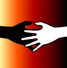 two hands reaching out towards each other in front of an orange and yellow background with black outline