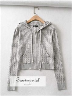 Women Grey Zipped Cropped Hoodie Knit Cardigan with front and side Pockets Affordable Gray Hooded Top With Drawstring, Affordable Gray Cardigan With Pockets, Luxury Gray Hooded Jacket With Drawstring, Gray Cardigan With Pockets, Imperial Fashion, Cardigan With Hood, Gray Cardigan, Zip Cardigan, Hooded Cardigan