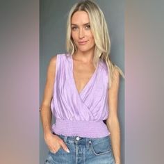 Purple V-Neck Top With A Button. Breathable Linen Material For The Summer! Purple V-neck Top For Day Out, Chic Purple V-neck Top, Butterfly Tank Top, White Sheer Top, Khaki Tops, Lavender Tops, Long Pullover, Linen Material, Summer Tank