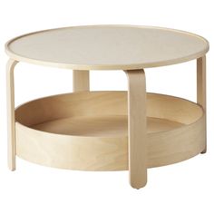 a round wooden table with two trays on it's sides and one shelf underneath