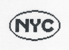 the new york city sign is shown in black and white, on a cross stitch background