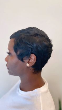 Up Do Hair Styles For Work, Short Pixie Black Hairstyles, Short Hair Relaxer Black Women, Jet Black Pixie Haircut Black Women, Pixie Haircut Outfit, Pixie Cut Outfits Black Women, Brunette With Layers, Relaxed Pixie Cut, Relaxed Short Hairstyles For Black Women