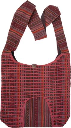 If you love bohemian style, it does not get more classic bohemian than this cross body bag! It's made up of multicolored woven cotton fabric, carpet weave, good quality cotton with sleek razor cut design at the front of the bag; the overall color tone of the bag is red.  Very creative and attractive, as you can see, this astoundingly bohemian bag is lined black from inside, has a zipper and a button closure on the top and a small zipper pocket inside. #tlb #Pocket #Yoga #vacationclothing #bohemi Bohemian Fabric Shoulder Bag For Daily Use, Red Bohemian Cotton Shoulder Bag, Brown Bohemian Fabric Bags, Bohemian Brown Fabric Bags, Bohemian Fabric Shoulder Bag For Travel, Red Bohemian Cotton Bags, Bohemian Red Cotton Bags, Bohemian Cotton Crossbody Bag, Festival Cotton Shoulder Bag With Adjustable Strap