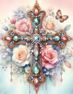 an ornate cross with flowers and butterflies on the side, painted in pastel colors