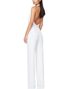 White Deep V Neck Pile Collar Backless Sequined Jumpsuit Backless Strapless Jumpsuit For Summer Formal, White Backless Jumpsuit For Evening, Summer Formal Backless Strapless Jumpsuit, Glamorous Strapless Jumpsuit For Summer Formal Events, Elegant Spring Halter Neck Bodysuit, Formal Strapless Halter Neck Jumpsuit For Summer, Summer Formal Strapless Halter Neck Jumpsuit, Elegant White Halter Neck Bodysuit, White Evening Bodysuit For Summer