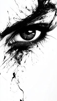 black and white photograph of an eye with paint splatters on it