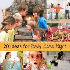 there are many pictures of people in the living room and on the floor, with words that read 20 ideas for family game night