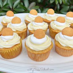 cupcakes with white frosting and orange decorations on a platter in front of greenery