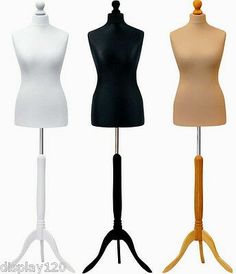 three mannequins are standing next to each other in different colors and sizes