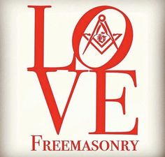 the words love and freemassonry are in red on a white square background