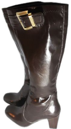 Brown Patent Leather Closed Toe Boots, Brown Patent Leather Boots For Formal Occasions, Brown Patent Leather Boots Medium Width, Chocolate Brown Boots, Thick Heel, Franco Sarto Shoes, Gold Branding, 2 Inch Heels, Thick Heels