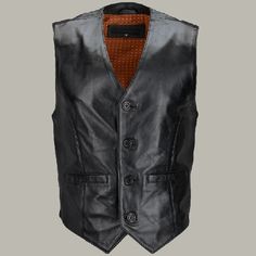 size: X Large Luxury Black Vest For Workwear, Business Vest With Button Closure For Fall, Fall Business Vest With Button Closure, Classic Black Vest For Business, Masculine Styled Fitted Leather Jacket For Work, Classic Winter Vest With Button Closure, Classic Vest With Button Closure For Winter, Masculine Fitted Leather Jacket, Winter Business Vest With Button Closure