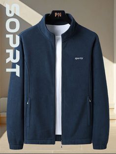 Fleece Jacket For Men, Plus Fleece Thick Fleece Jacket Blue   Long Sleeve Woven Fabric Letter  Slight Stretch  Men Outdoor Apparel, size features are:Bust: ,Length: ,Sleeve Length: Sporty Solid Color Fleece Jacket For Winter, Sporty Solid Fleece Jacket For Winter, Sporty Long-sleeved Fleece Jacket, Winter Windproof Track Jacket With Long Sleeves, Windproof Long Sleeve Winter Track Jacket, Sporty Long Sleeve Fleece Jacket, Sporty Long Sleeve Fleece Jacket For Winter, Sporty Winter Fleece Jacket, Winter Windproof Long Sleeve Track Jacket