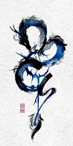 an artistic painting with blue and black paint on it's side, in the shape of a dragon