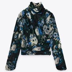 Nwt Size: M Chic Floral Print Tops, Chic Winter Floral Print Top, Winter Blue Floral Print Tops, Blue Floral Print Top For Winter, Blue Floral Print Tops For Winter, Floral Print Long Sleeve Top For Night Out, Long Sleeve Floral Print Tops For Night Out, Rhinestone Blouse, Lace Knit Top