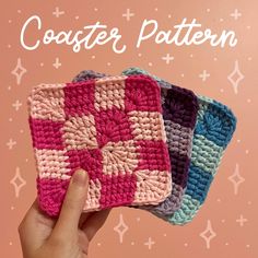 hand holding three crocheted coasters in front of pink background with stars on it